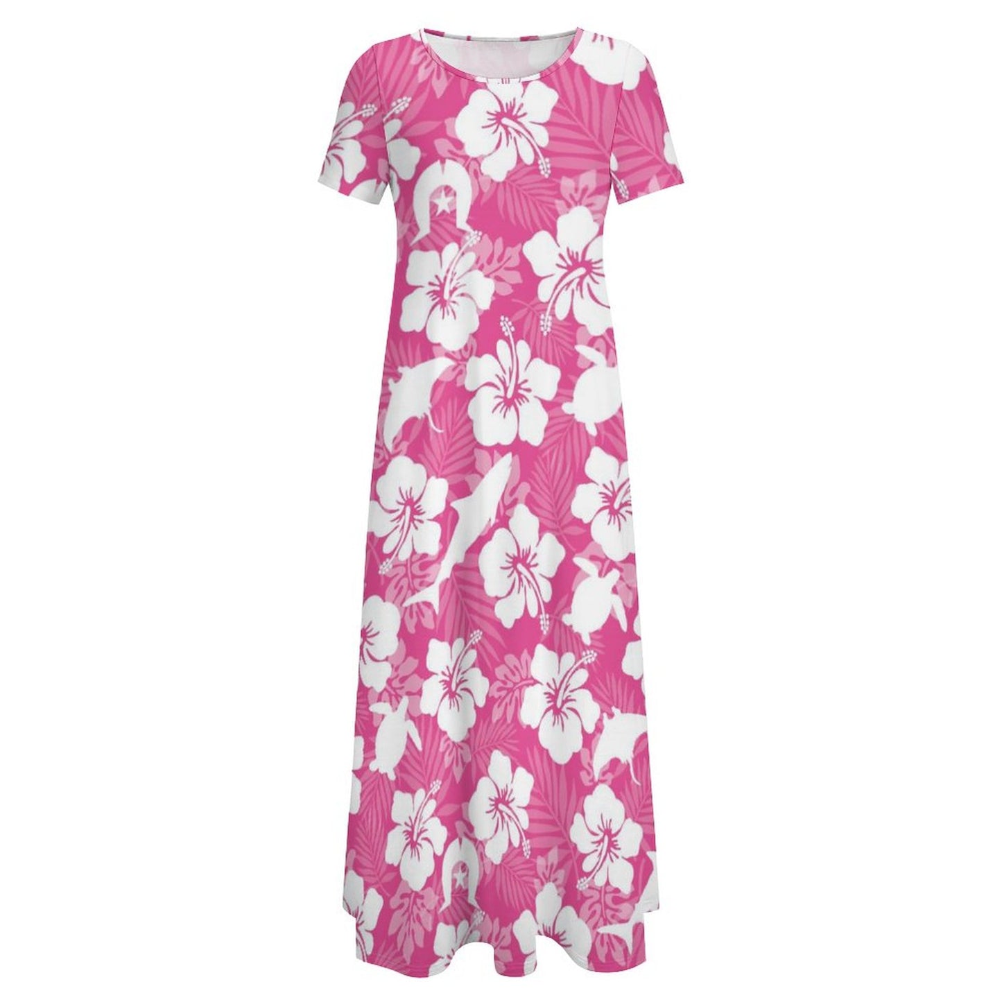 White hibiscus flowers with Dhari, Shark, turtle, and stingray (Pink) on Round Neck Short Sleeve Dress