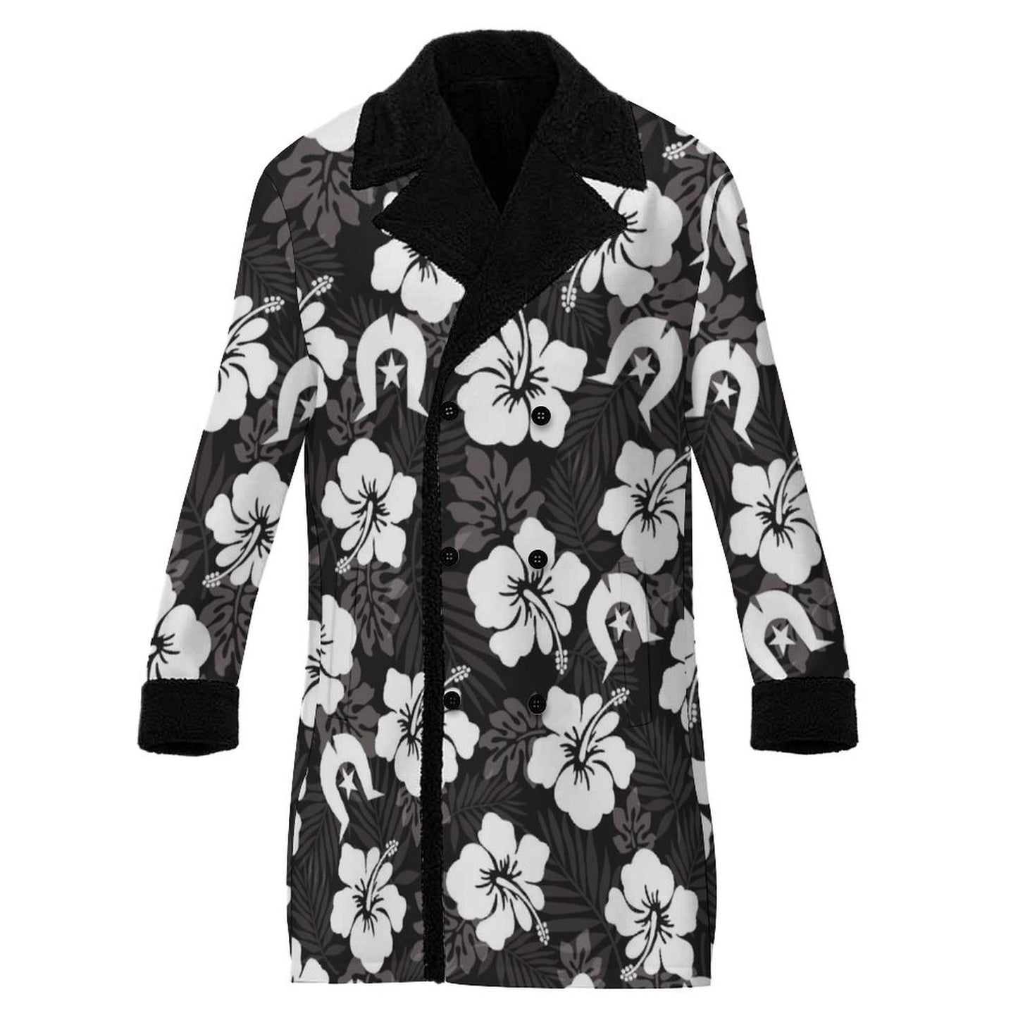 White Hibiscus and Dhari (Black) on Men's Double Breasted Coat