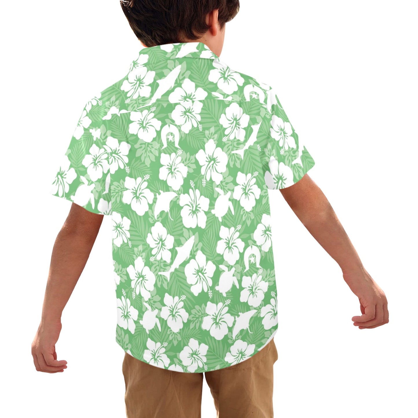 White hibiscus flowers with Dhari, Shark, turtle, and stingray (Green) on Little Boys' Hawaiian Shirt