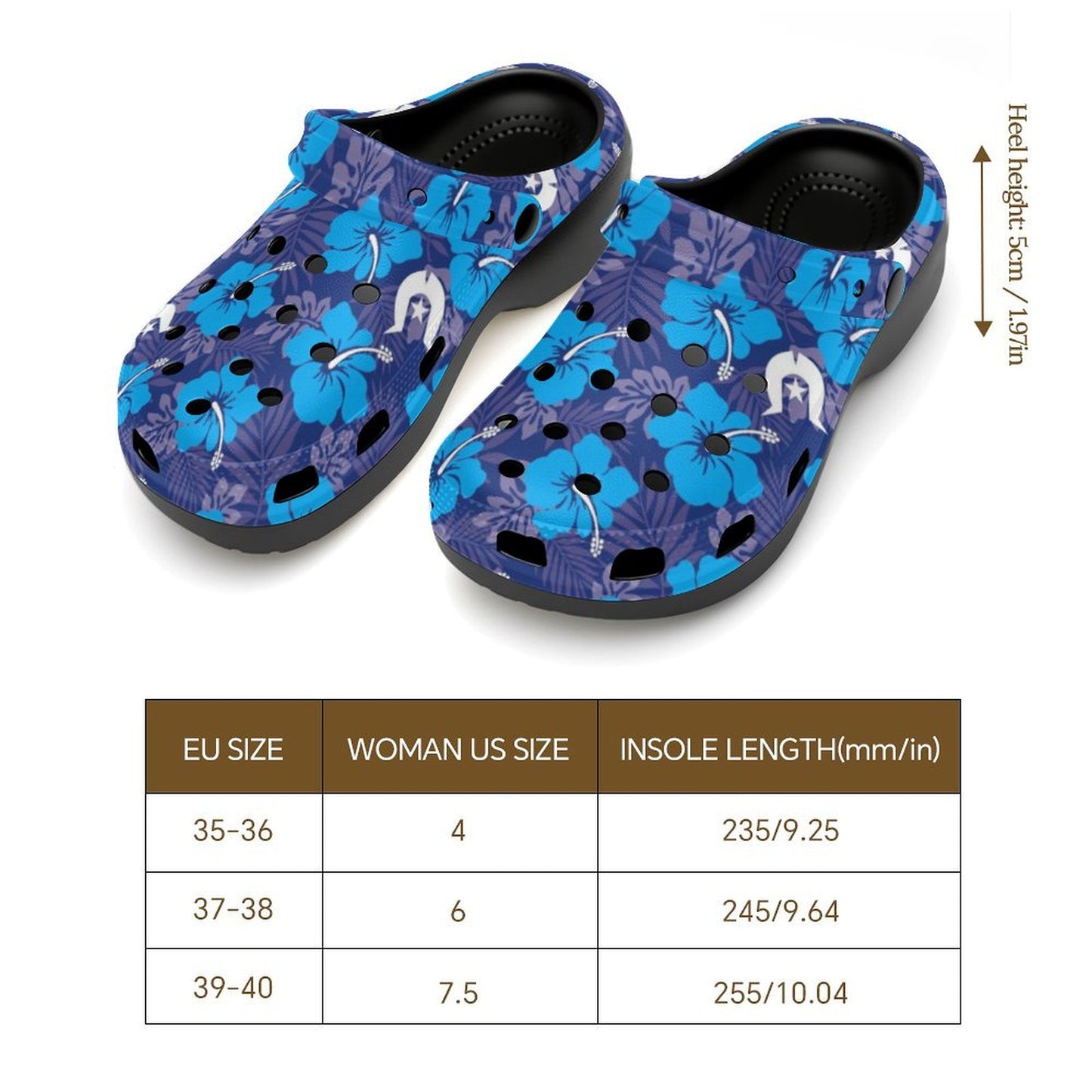 Hibiscus flowers with White Dhari (Royal blue) on Women's High-heeled Clogs