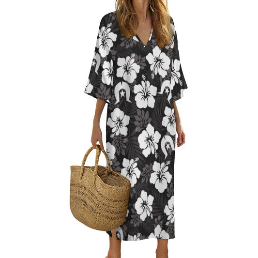 White Hibiscus and Dhari (Black) on Mediterranean Style V Neck Mid-Sleeve Robe