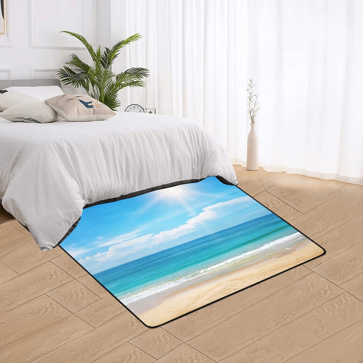Beautiful seascape and sun on blue sky background on Area rug with Black Binding 5'3''x4'