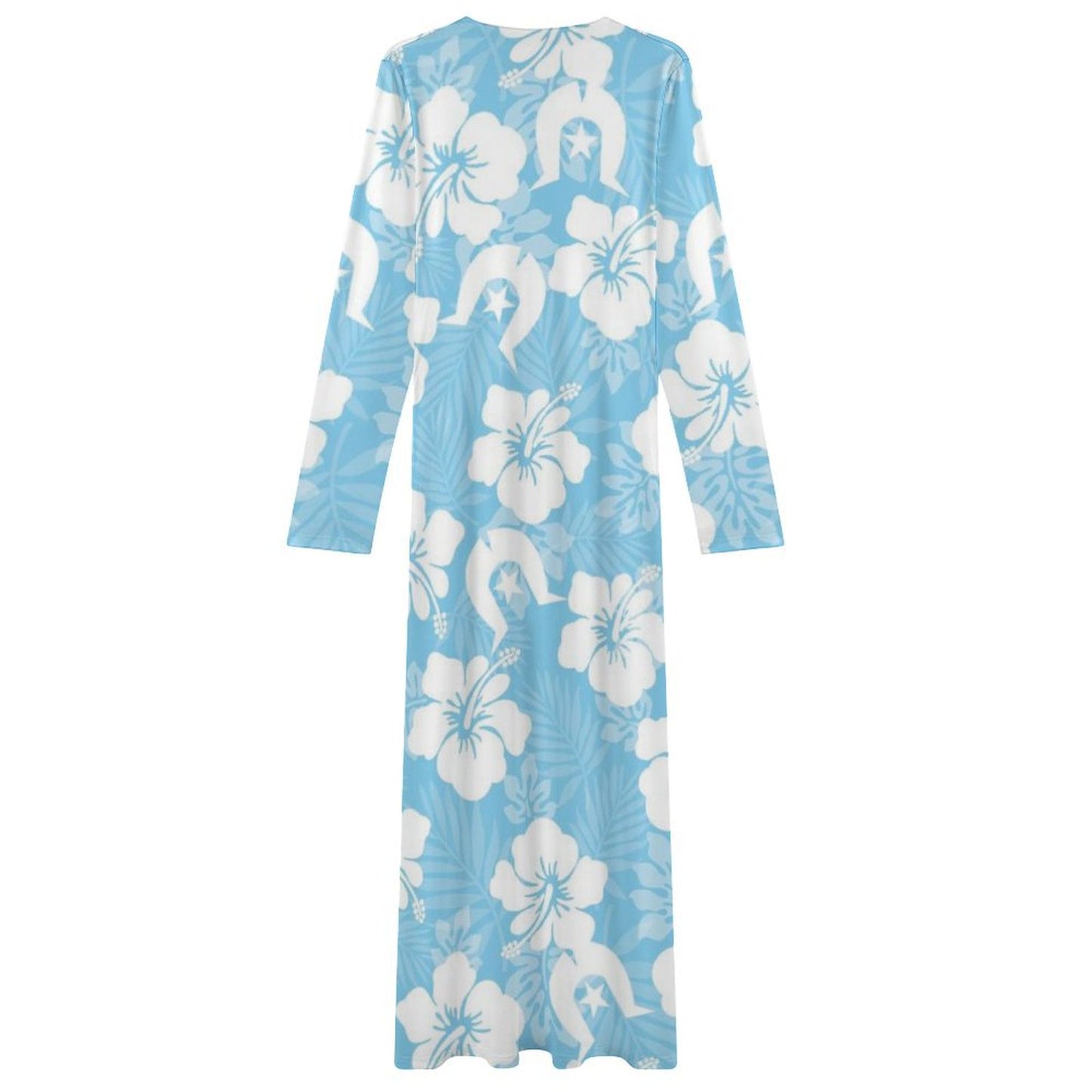 White Hibiscus and Dhari (blue) on Long-Sleeve Draped Bodycon Dress