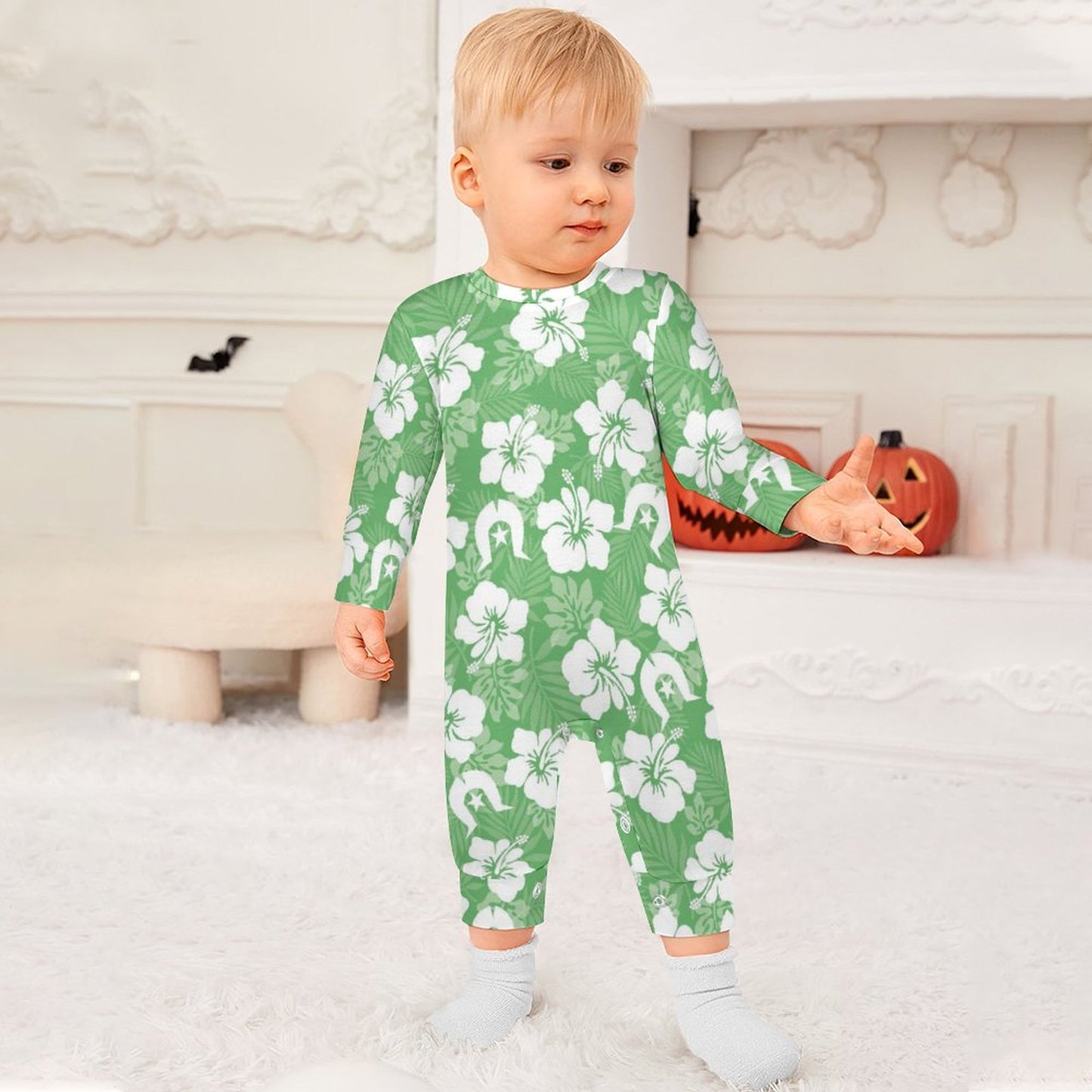 White Hibiscus flowers with Dhari (Green) on Baby Romper QLR (All-Over Printing)
