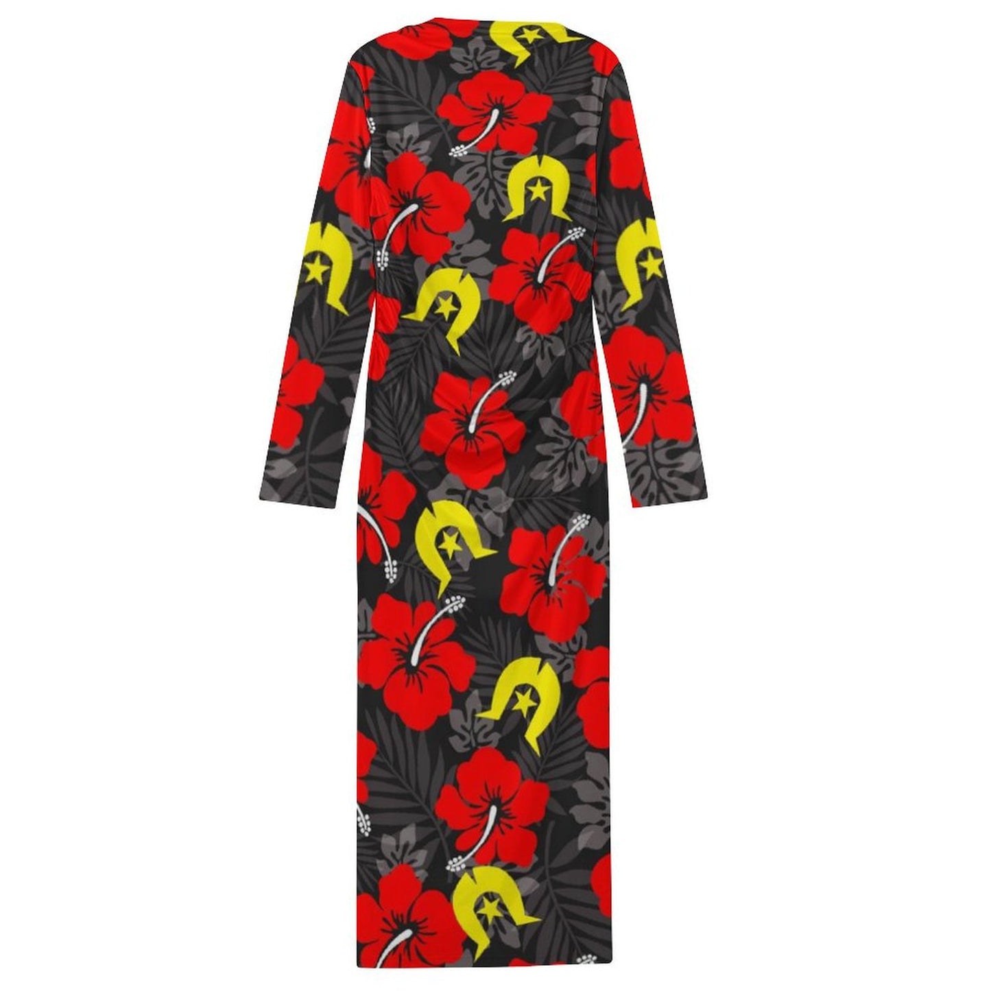 Royal Red Hibiscus with Yellow Dhari on  Long-Sleeve Draped Bodycon Dress