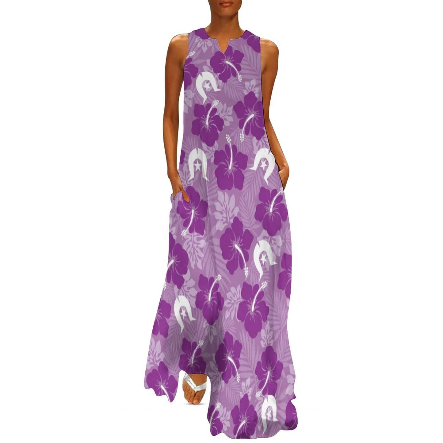 Hibiscus flowers with Dhari (Royal purple) on Sleeveless Ankle-length Dress