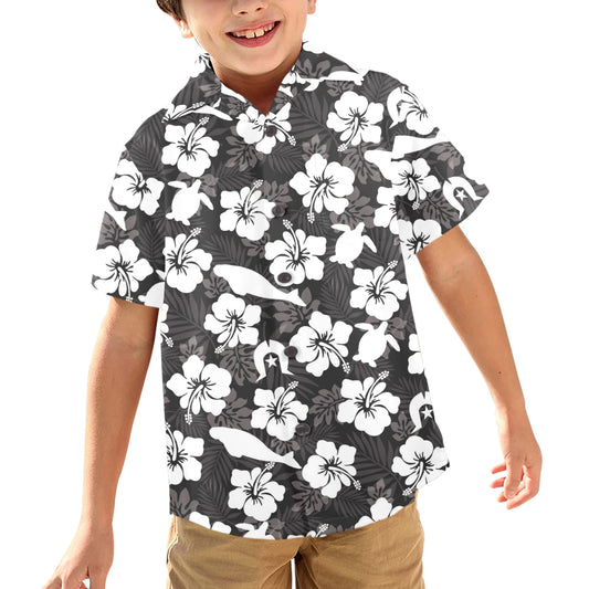 White Hibiscus with Dugong, Turtle and Dhari (Black) on Little Boys' Hawaiian Shirt