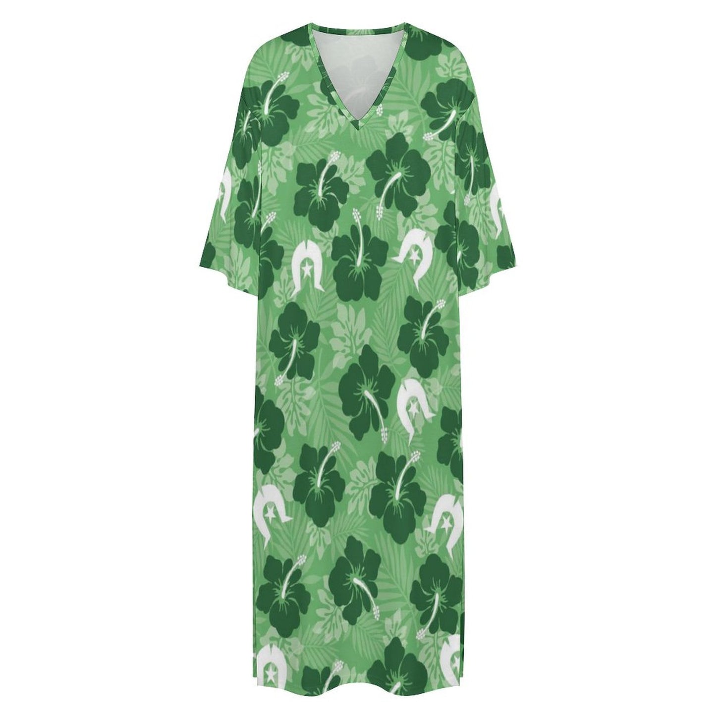 Hibiscus flowers with Dhari (Sea Grass Green) on Mediterranean Style V Neck Mid-Sleeve Robe