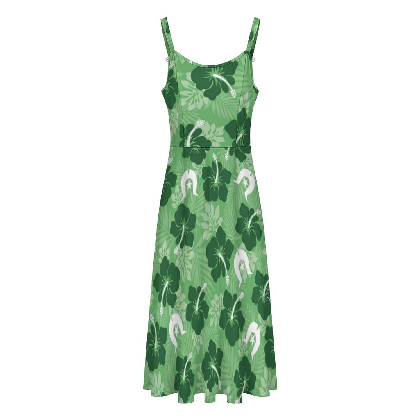 Hibiscus flowers with White Dhari (Sea Grass Green) on Midi Spaghetti Strap Dress