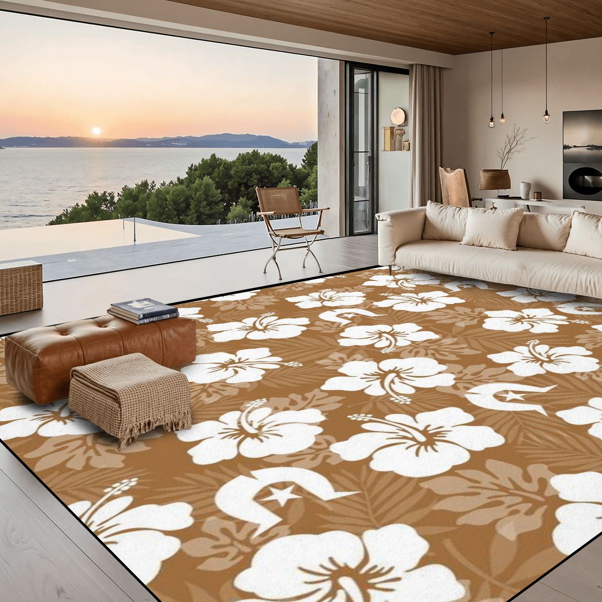 White Hibiscus flowers with Dhari (Brown) on Large Area Rug Floor Carpet