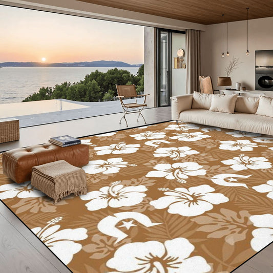 White Hibiscus flowers with Dhari (Brown) on Large Area Rug Floor Carpet