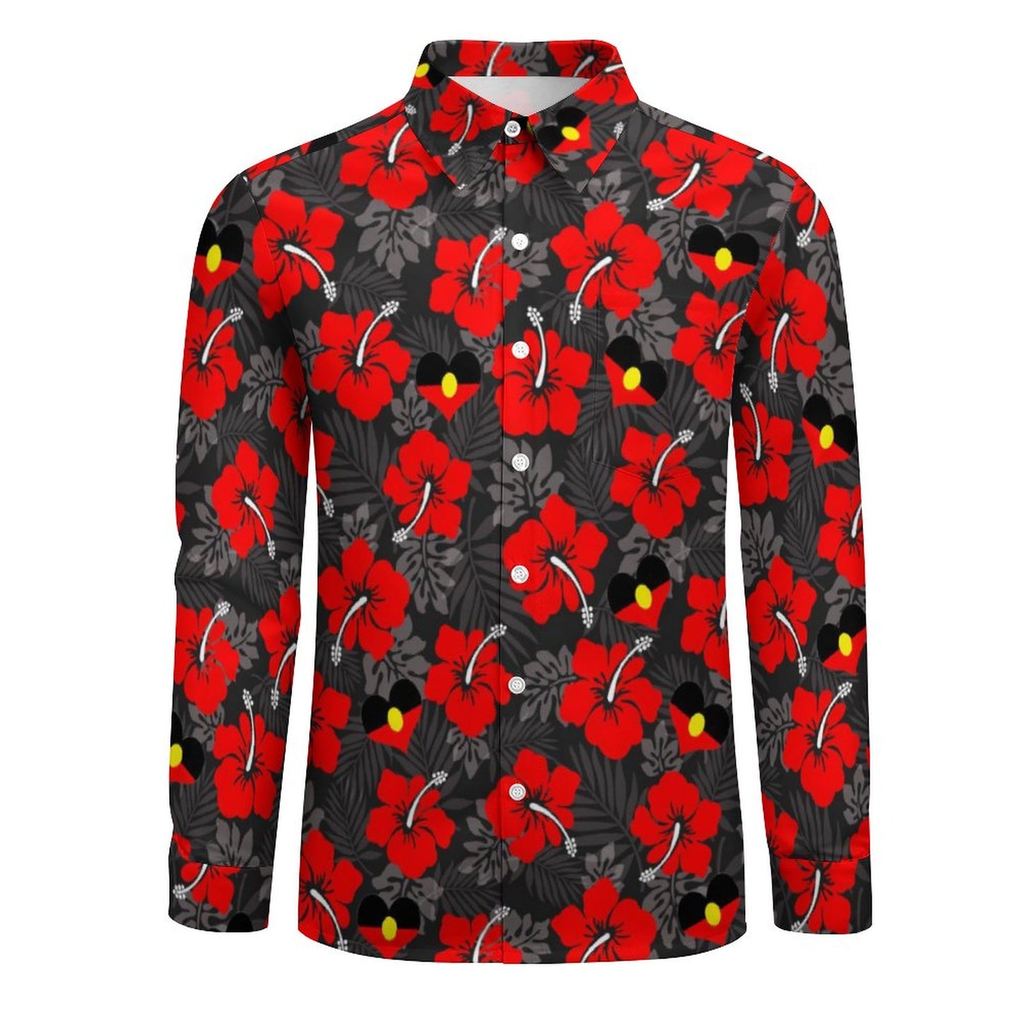 Hibiscus flowers with Aboriginal Heart Flag on Men's Long Sleeve Shirt