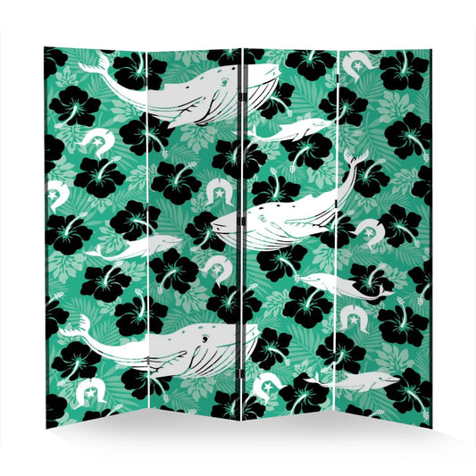Black Hibiscus with Whale, Dolphin and Dhari on Room Divider Folding Screen 4 Panel