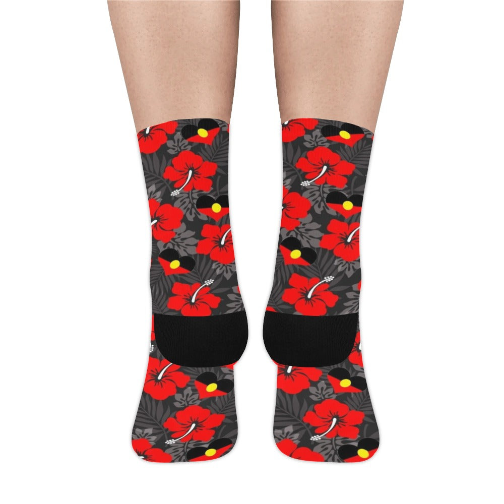 Royal Red Hibiscus and heart shaped Aboriginal flag on Crew Socks (Made In AUS)