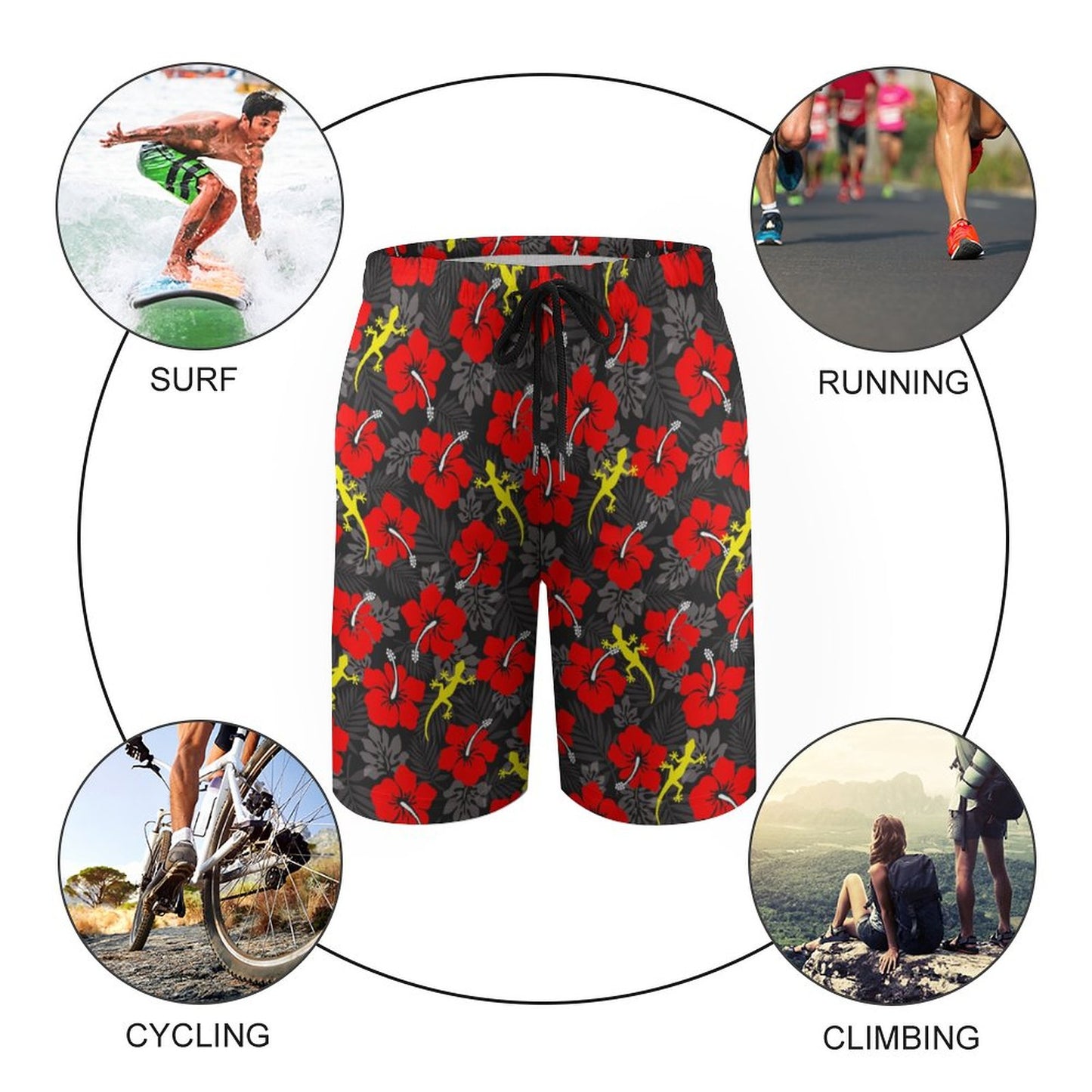 Royal Red Hibiscus flowers with Gecko on Kid's Beach Pants