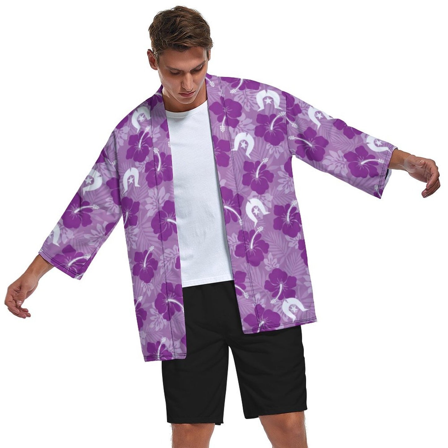 Hibiscus flowers with White Dhari (Royal purple) on Drop Shoulder Male Kimono Cardigan