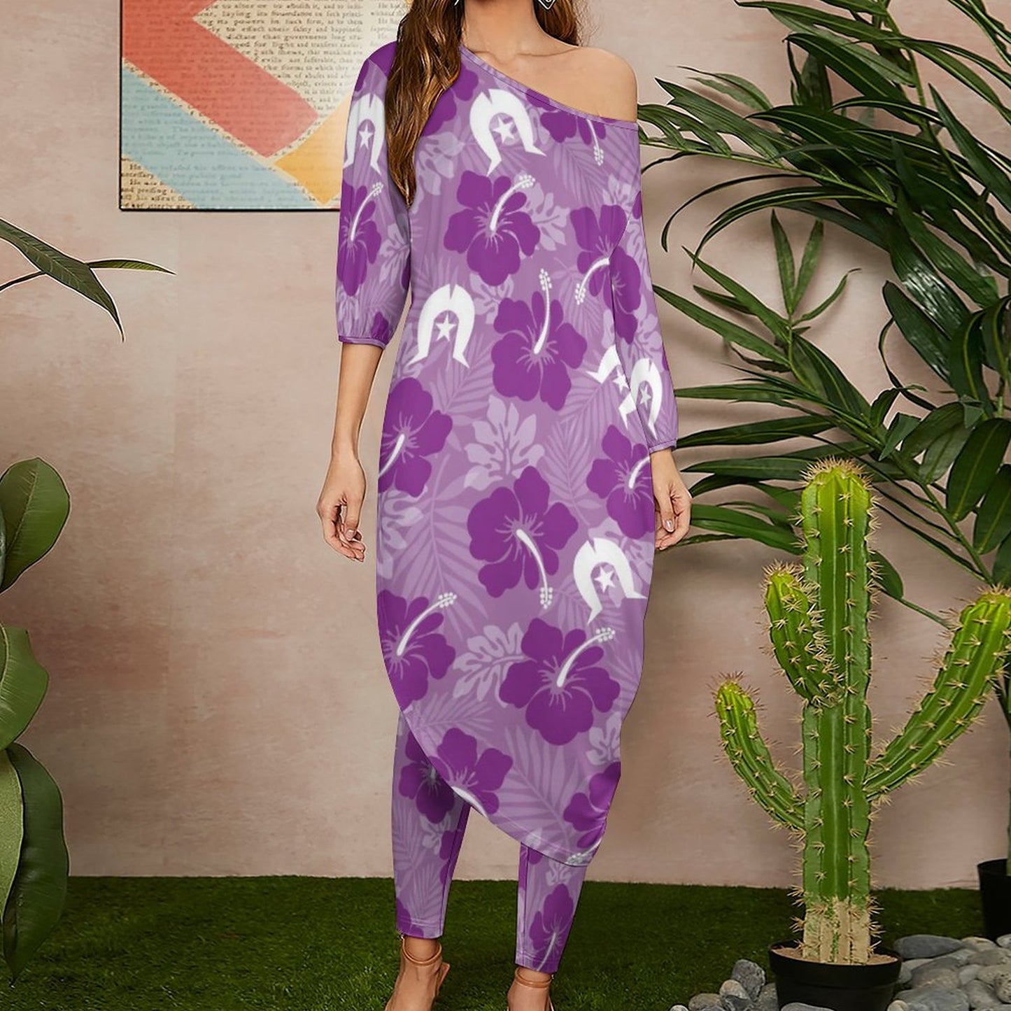 Hibiscus flowers with Dhari (Royal purple) on Diagonal Shoulder Two Piece Set