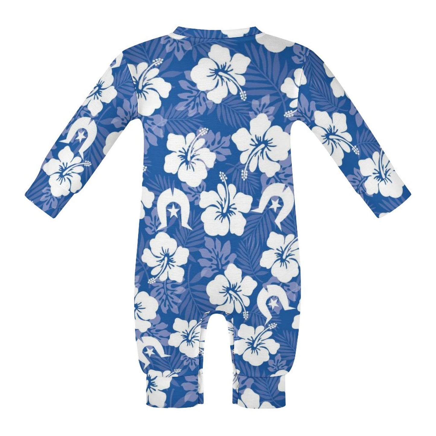 White Hibiscus and Dhari (Blue) on Baby Romper