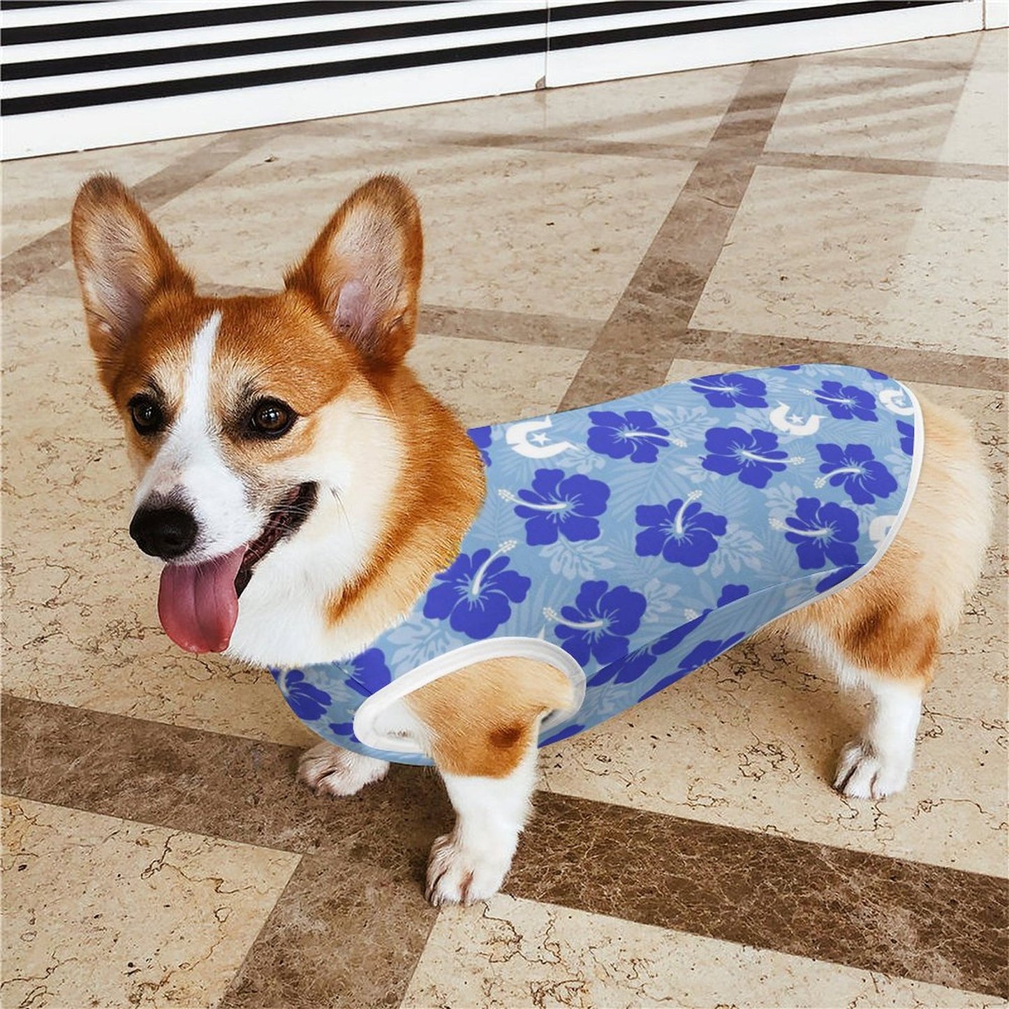 Hibiscus flowers with White Dhari (Sky blue) on Dog Vests- Pet Tank Tops