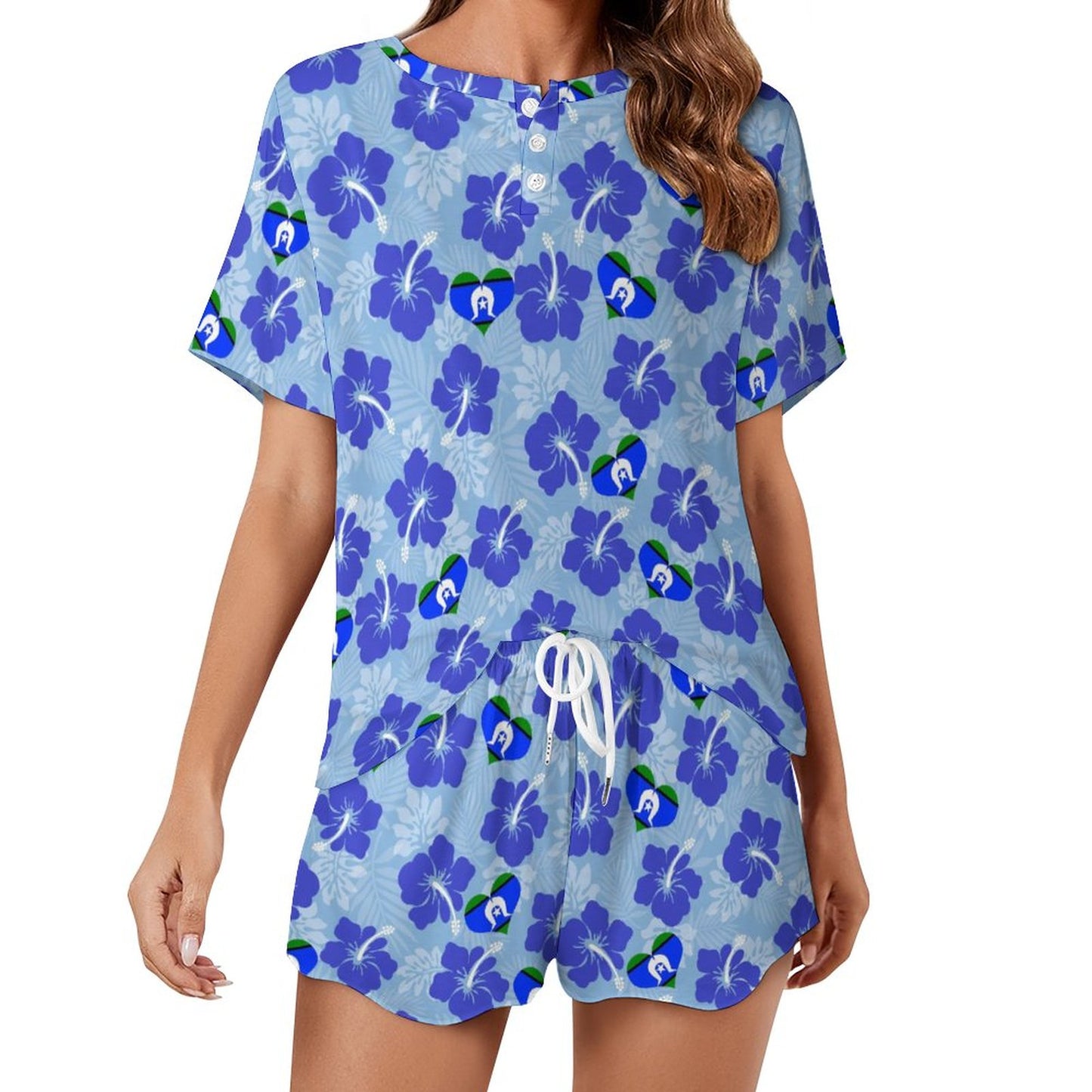 Blue Hibiscus flowers with Torres Strait Heart Flag on Short Sleeve Loungewear Set