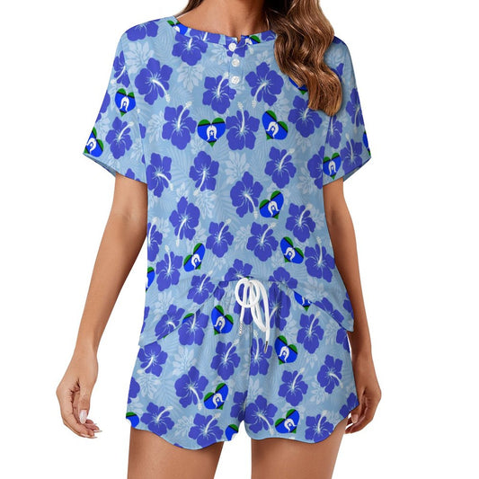 Blue Hibiscus flowers with Torres Strait Heart Flag on Short Sleeve Loungewear Set