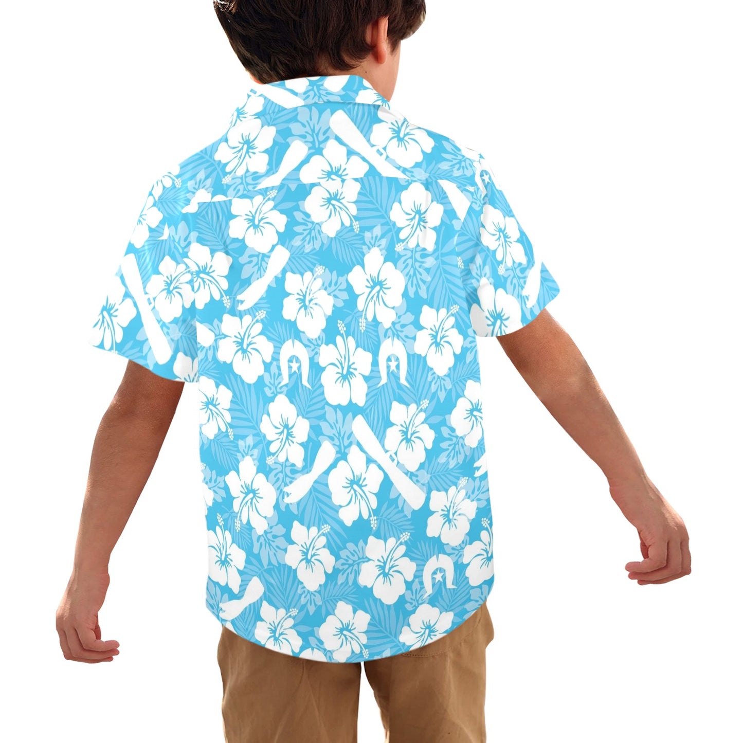 White Hibiscus flowers, Warup and Dhari (Blue) on Little Boys' Hawaiian Shirt