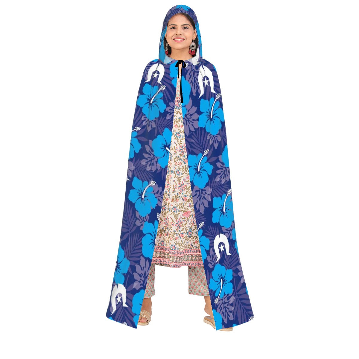 Hibiscus flowers with White Dhari (Royal blue) on Hooded Cloak