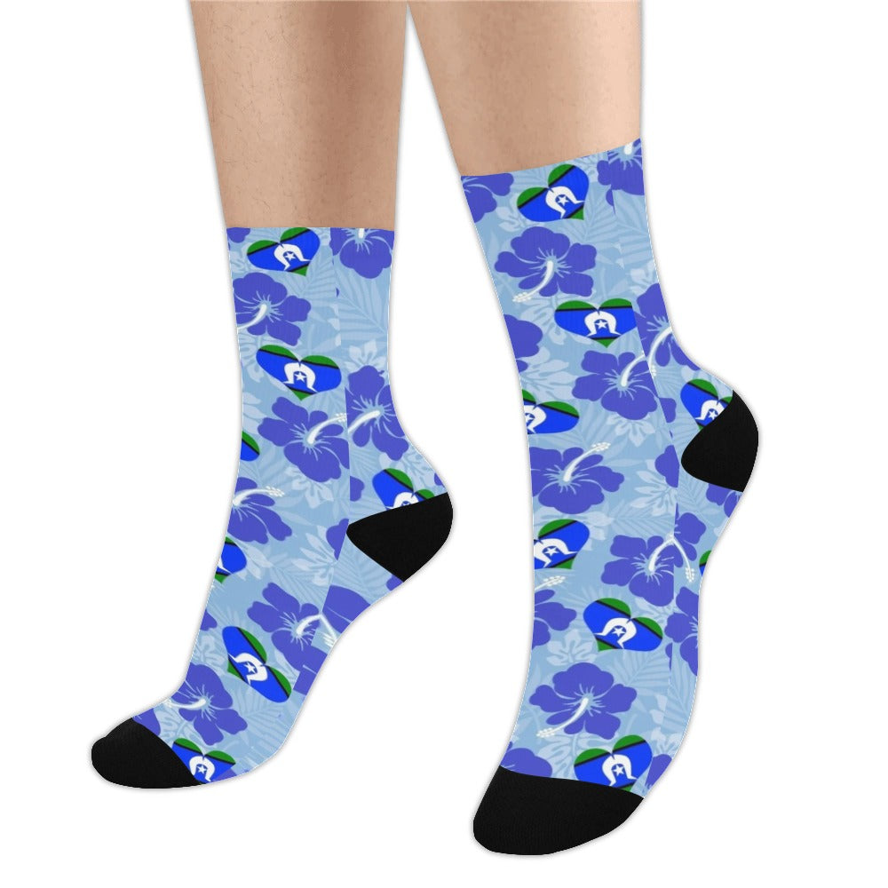 Hibiscus flowers with Torres Strait Flag (Sky Blue) on Crew Socks (Made In AUS)