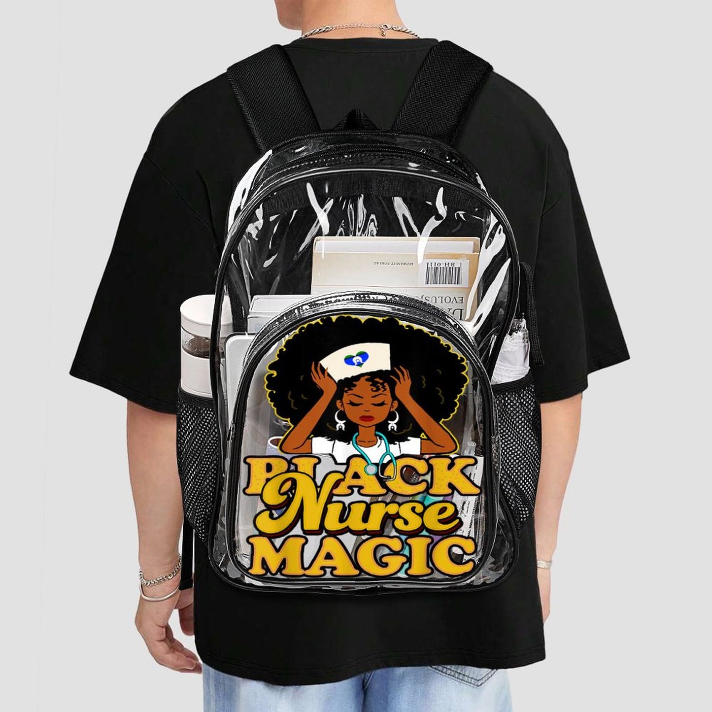 Black Nurse Magic with heart shaped Torres Strait flag on Clear Backpack