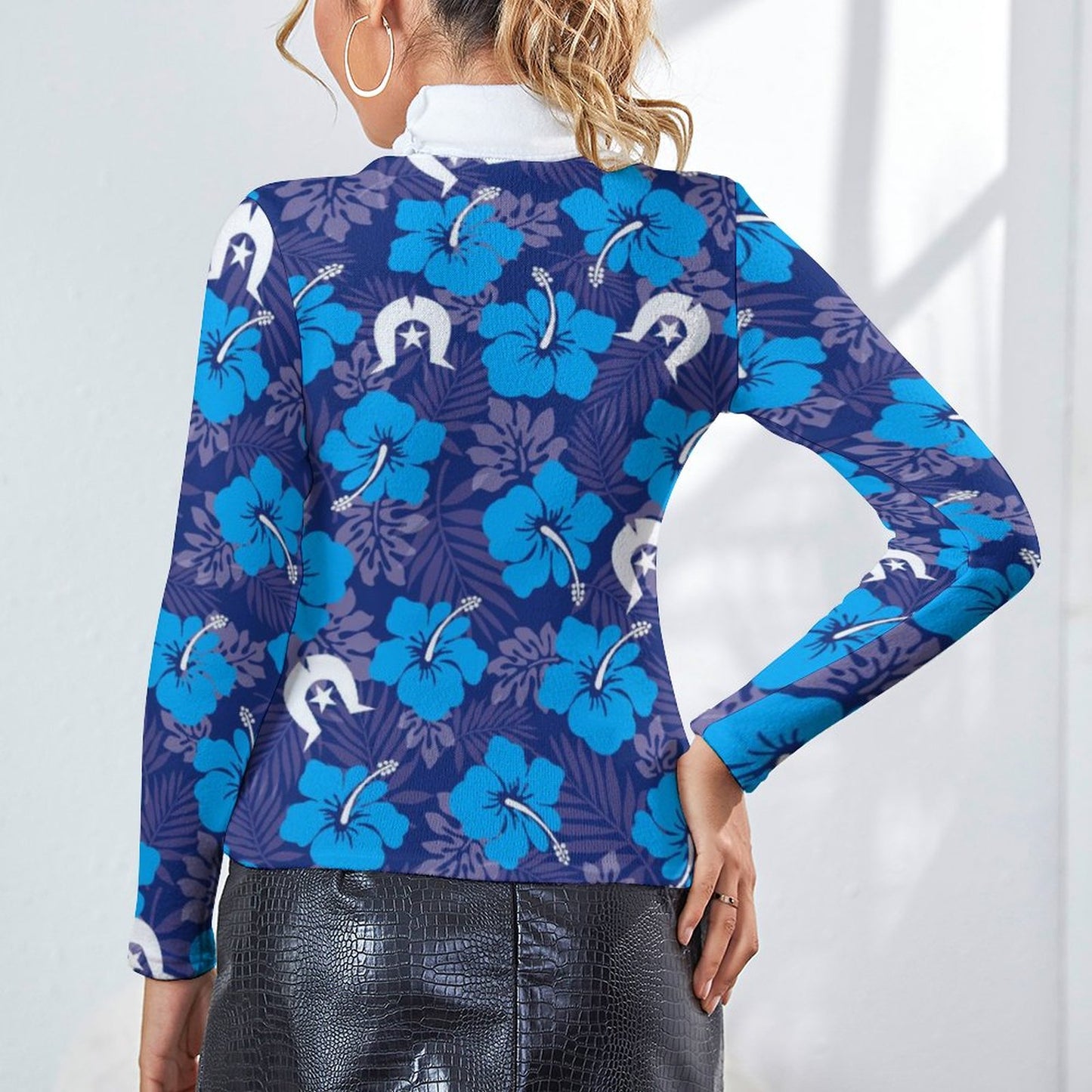 Hibiscus flowers with White Dhari (Royal blue) on Women Long Sleeve Turtleneck Sweater