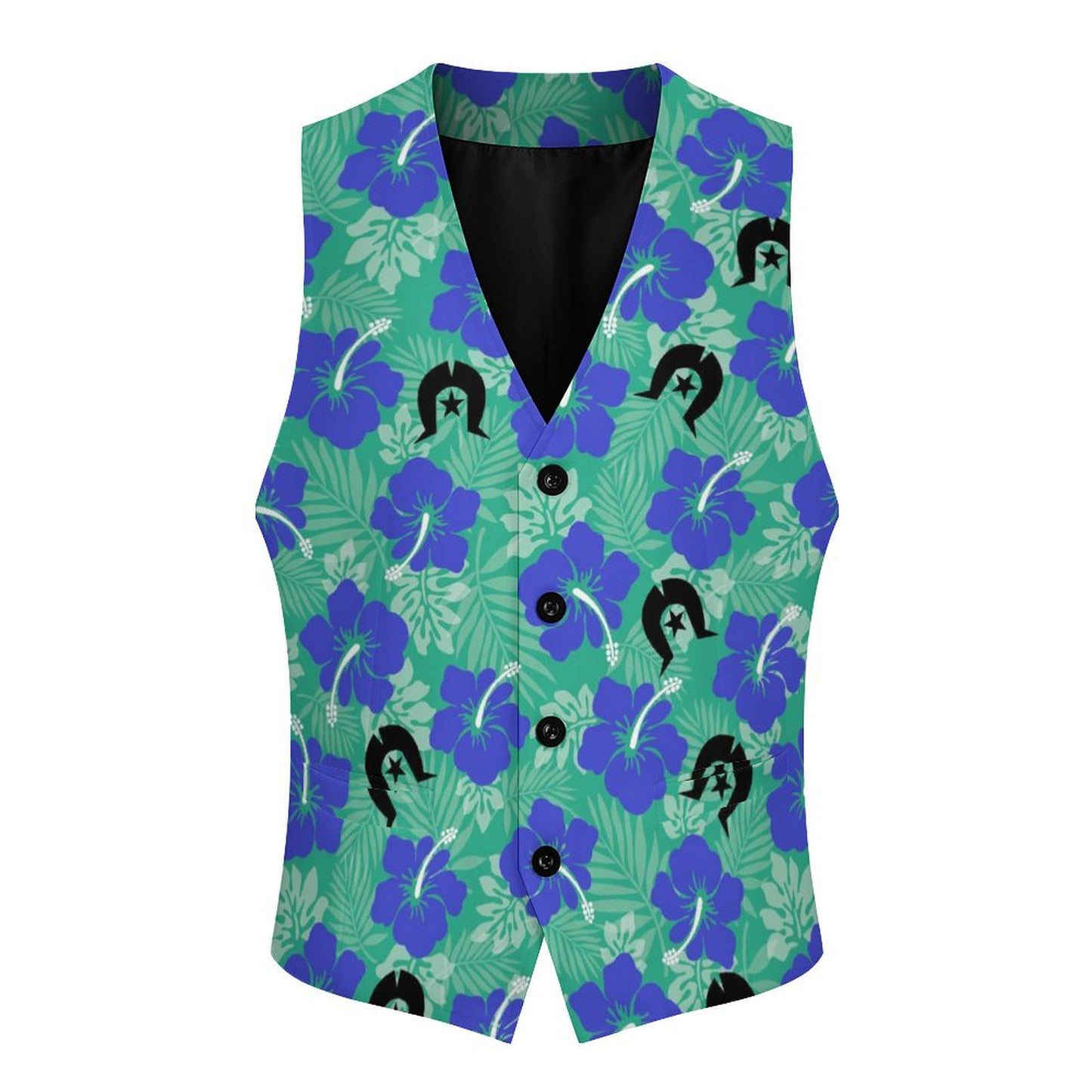 Royal Blue Hibiscus flowers with Black Dhari on Men's Sleeveless Suit Vest