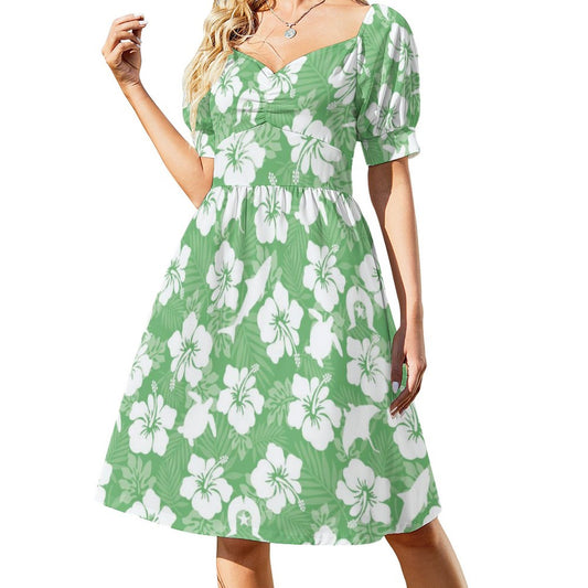 White hibiscus flowers with Dhari, Shark, turtle, and stingray (Green) on Short Sleeve V Neck Lovely Dress