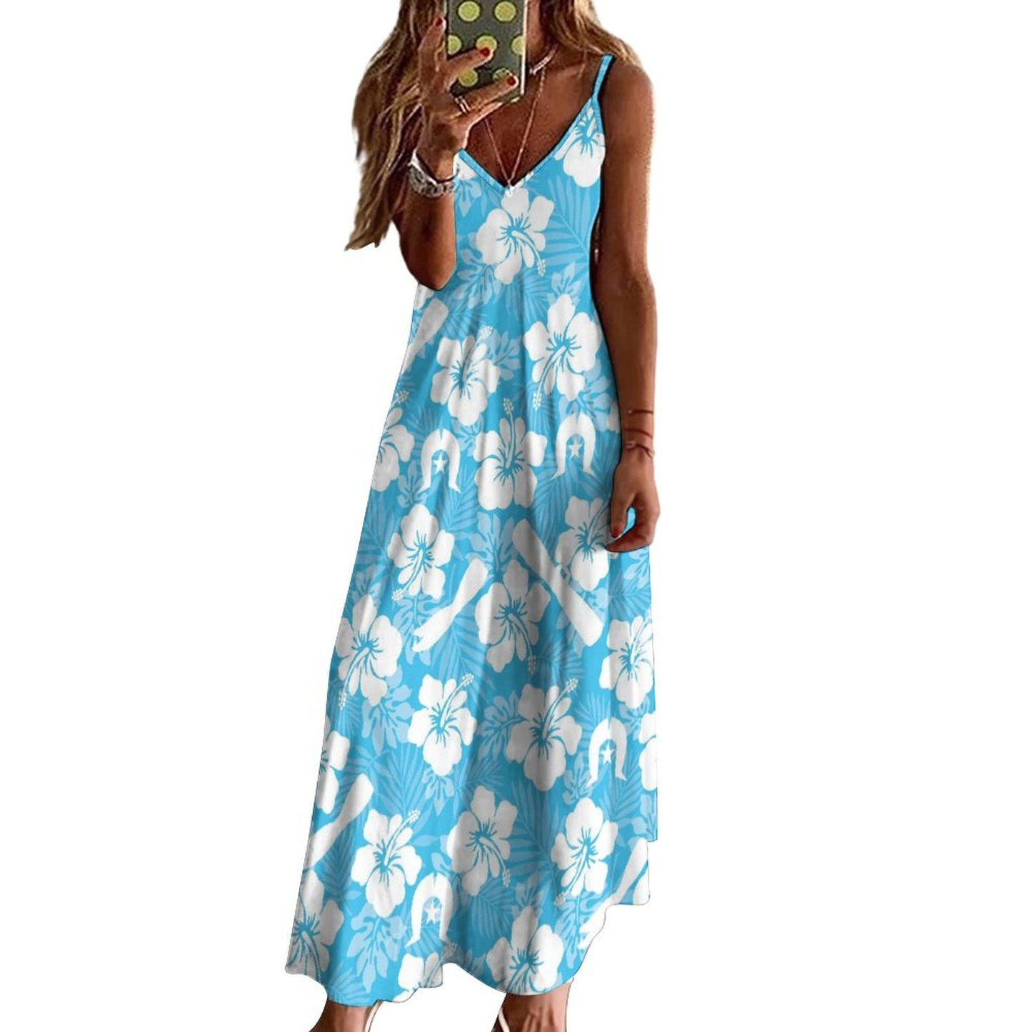 White Hibiscus flowers, Warup and Dhari on Ankle-length Slip Dress BDQ