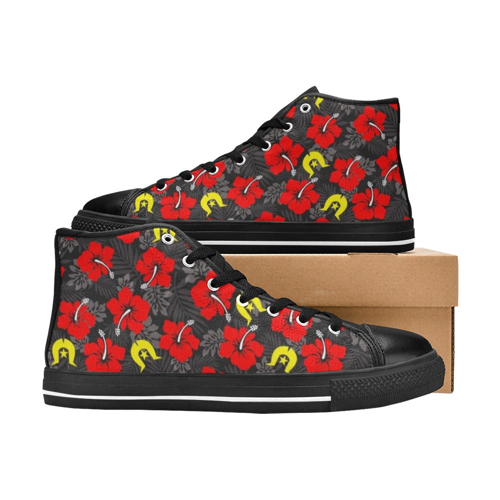 Royal Red Hibiscus with Yellow Dhari on Women's High Top Canvas Shoes