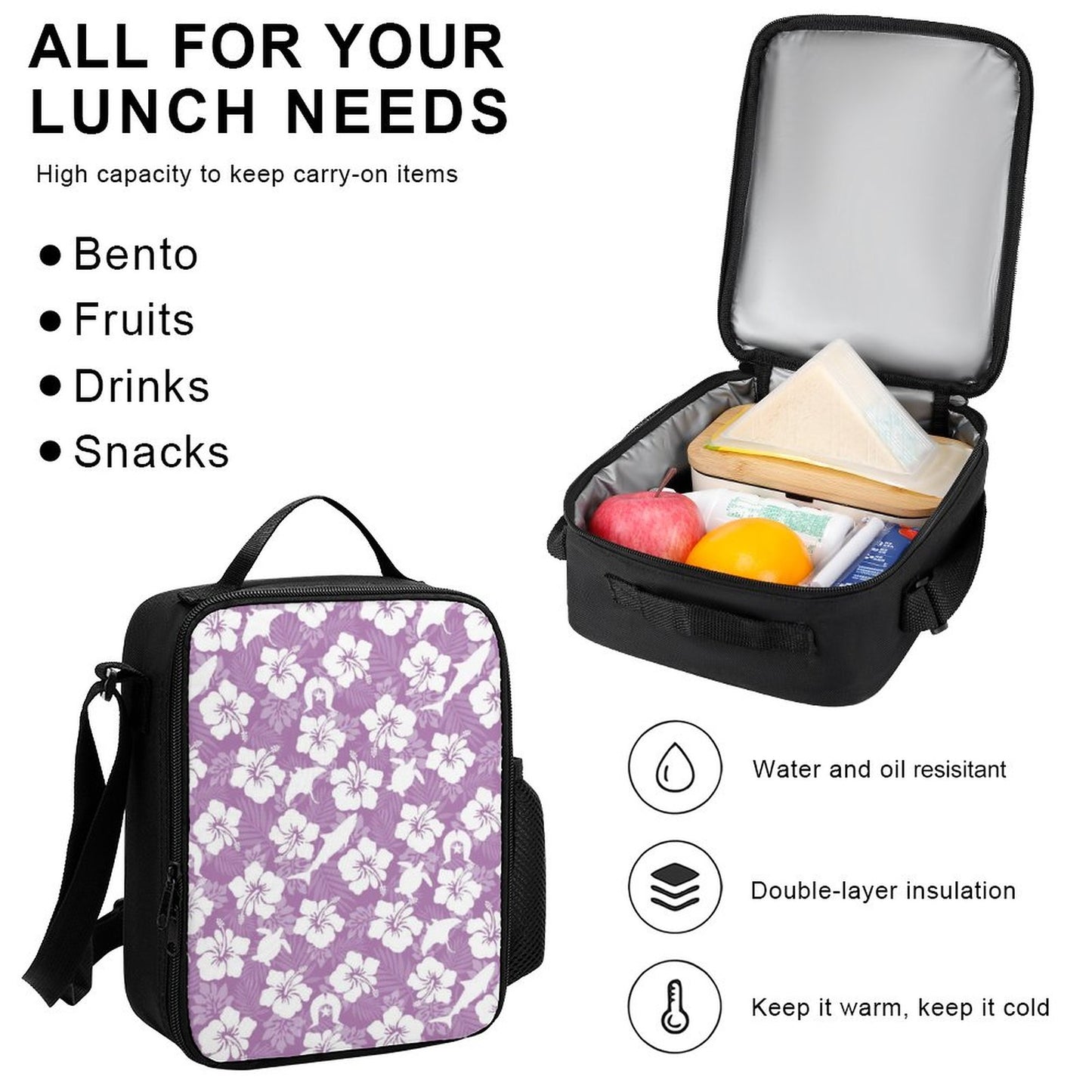 White hibiscus flowers with Dhari, Shark, turtle, and stingray (Purple) on Set of 3 Bags (Shoulder Bag Lunch Bag & Pencil Pouch)