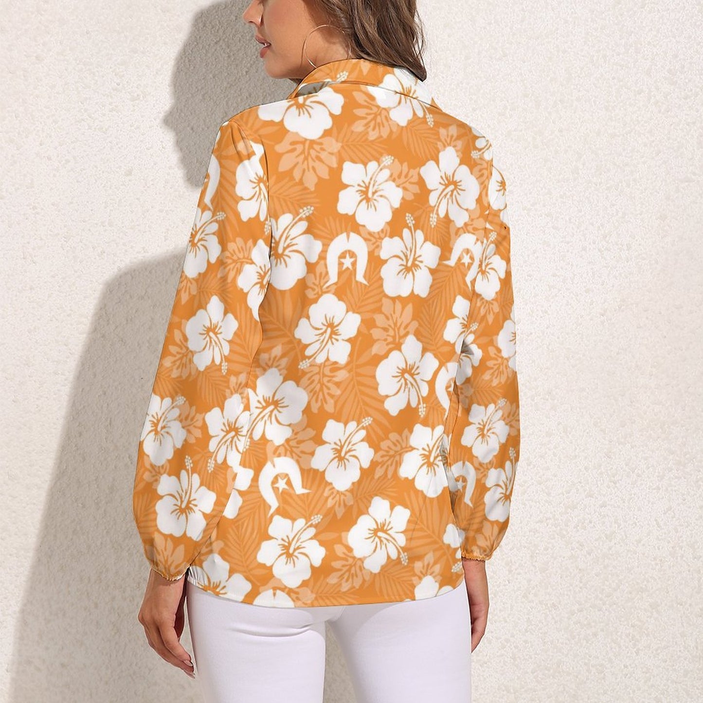 White Hibiscus flowers with Dhari (Orange) on Casual Long Sleeve Vintage Tour Shirt