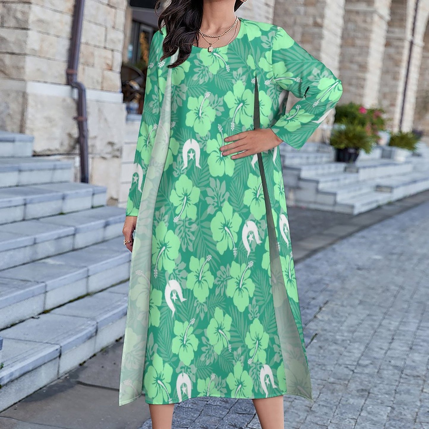 Hibiscus flowers with Dhari (Royal mint) on Long Dress Set