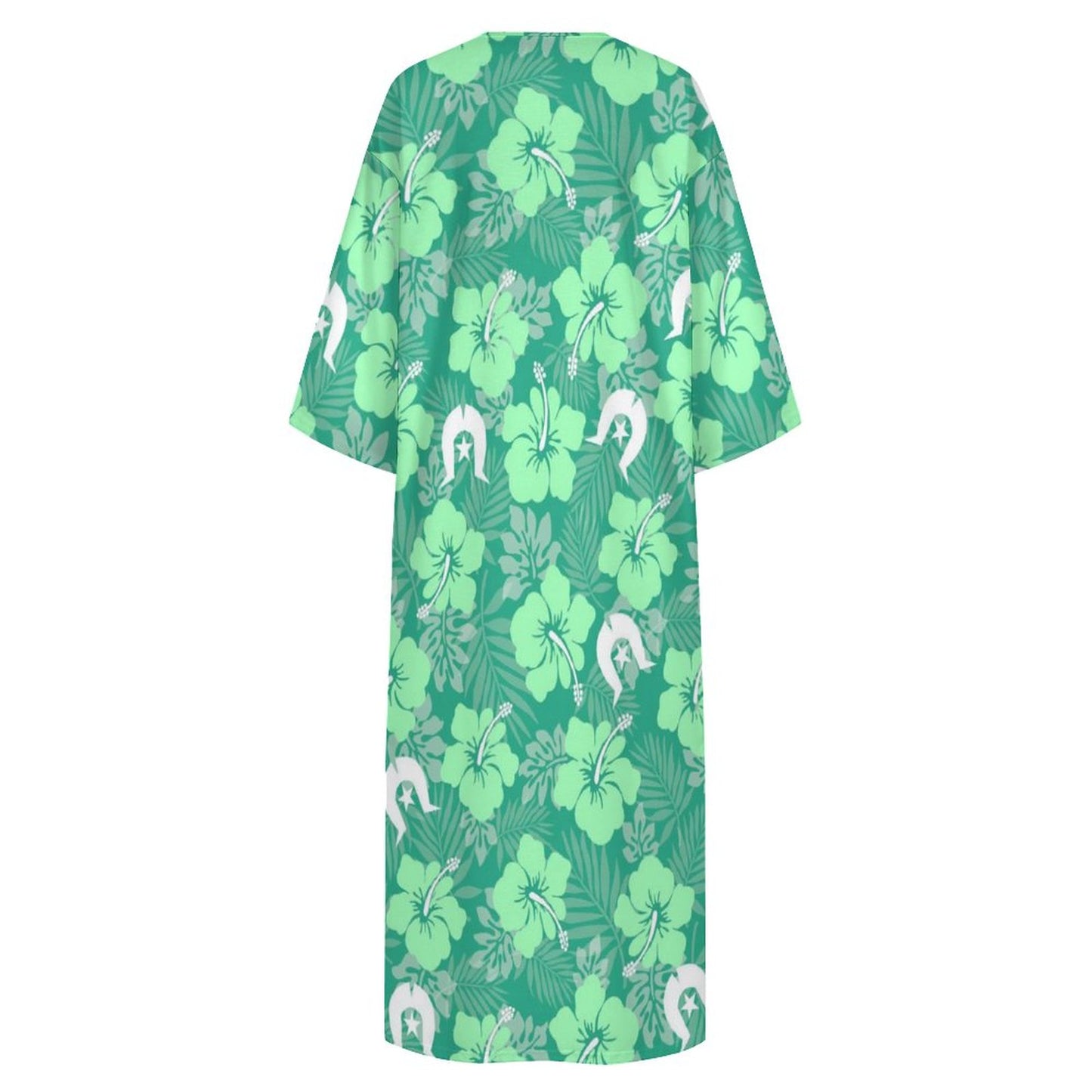 Hibiscus flowers with Dhari (Royal mint) on Mediterranean Style V Neck Mid-Sleeve Robe