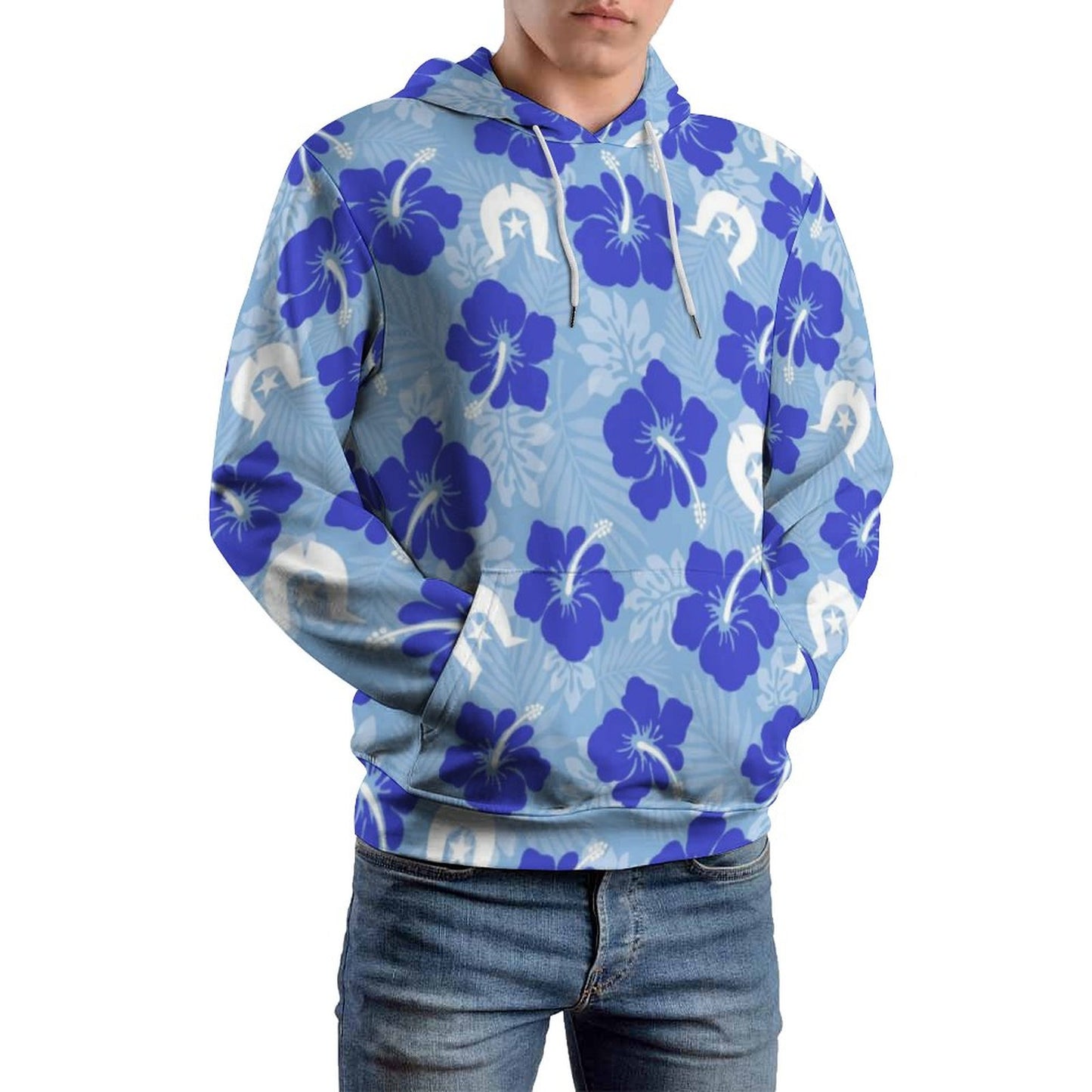 Hibiscus flowers with White Dhari (Sky blue) on Men's Cool Hoodie with Double-layer Cap