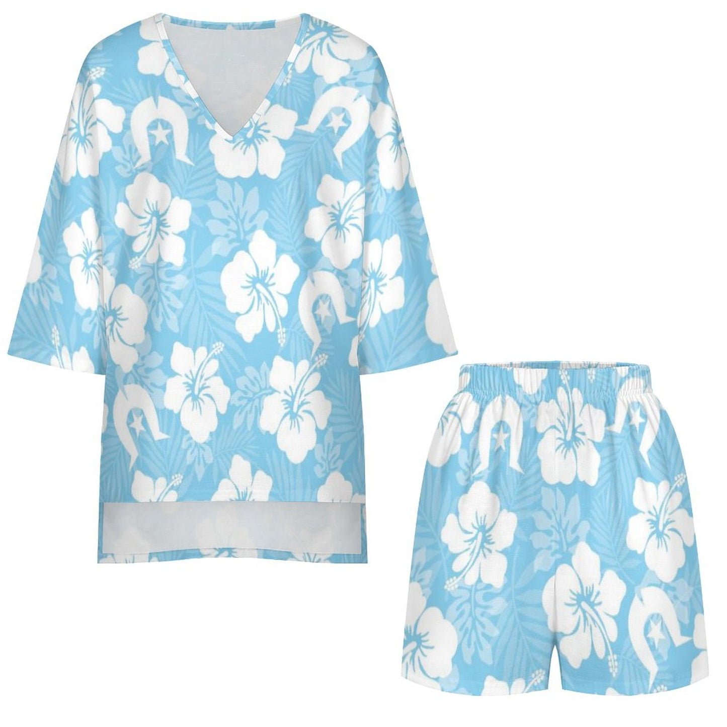 White Hibiscus and Dhari (blue) on Mediterranean Style V-Neck Suit