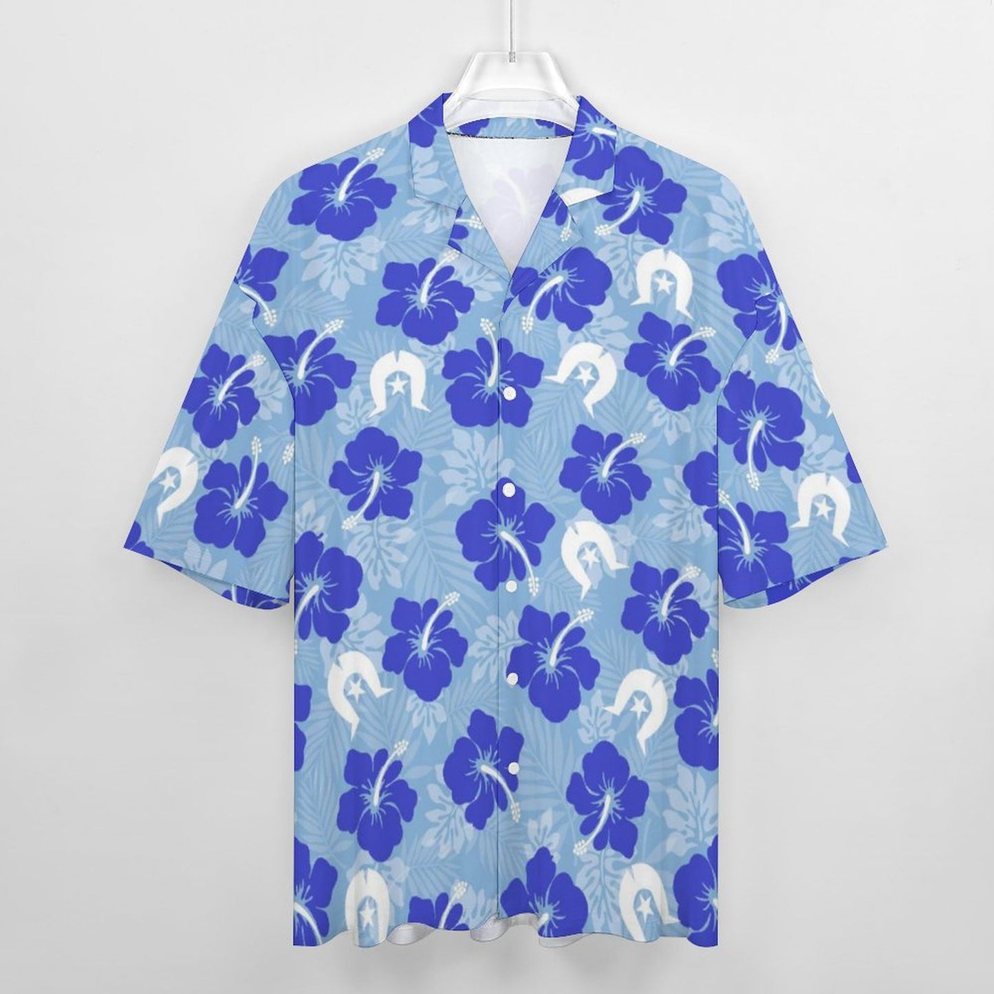 Hibiscus flowers with White Dhari (Sky blue) on Cotton Men's Cuban Collar Short-Sleeve Shirt