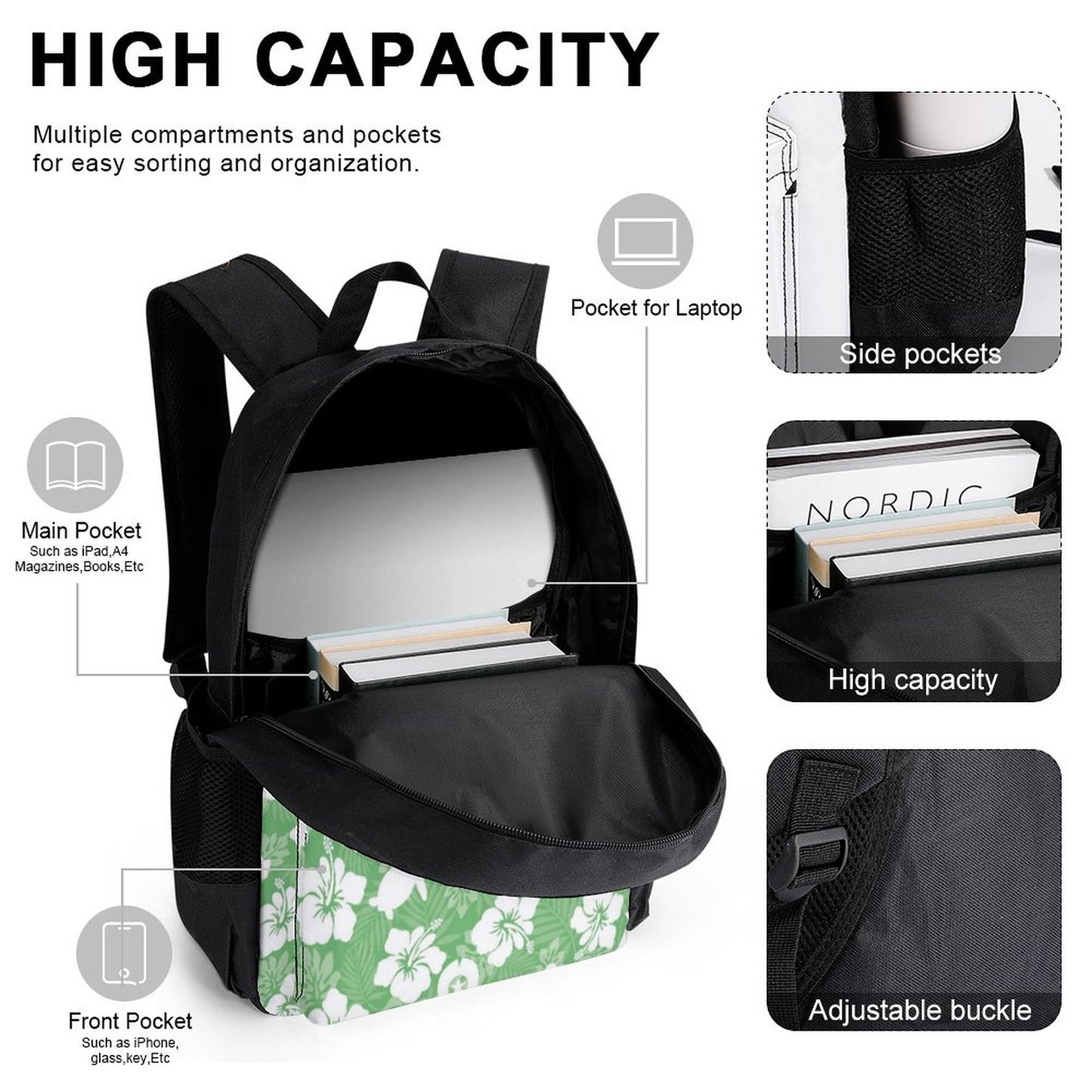 White hibiscus flowers with Dhari, Shark, turtle, and stingray (Green) on Set of 3 Bags (Shoulder Bag Lunch Bag & Pencil Pouch)