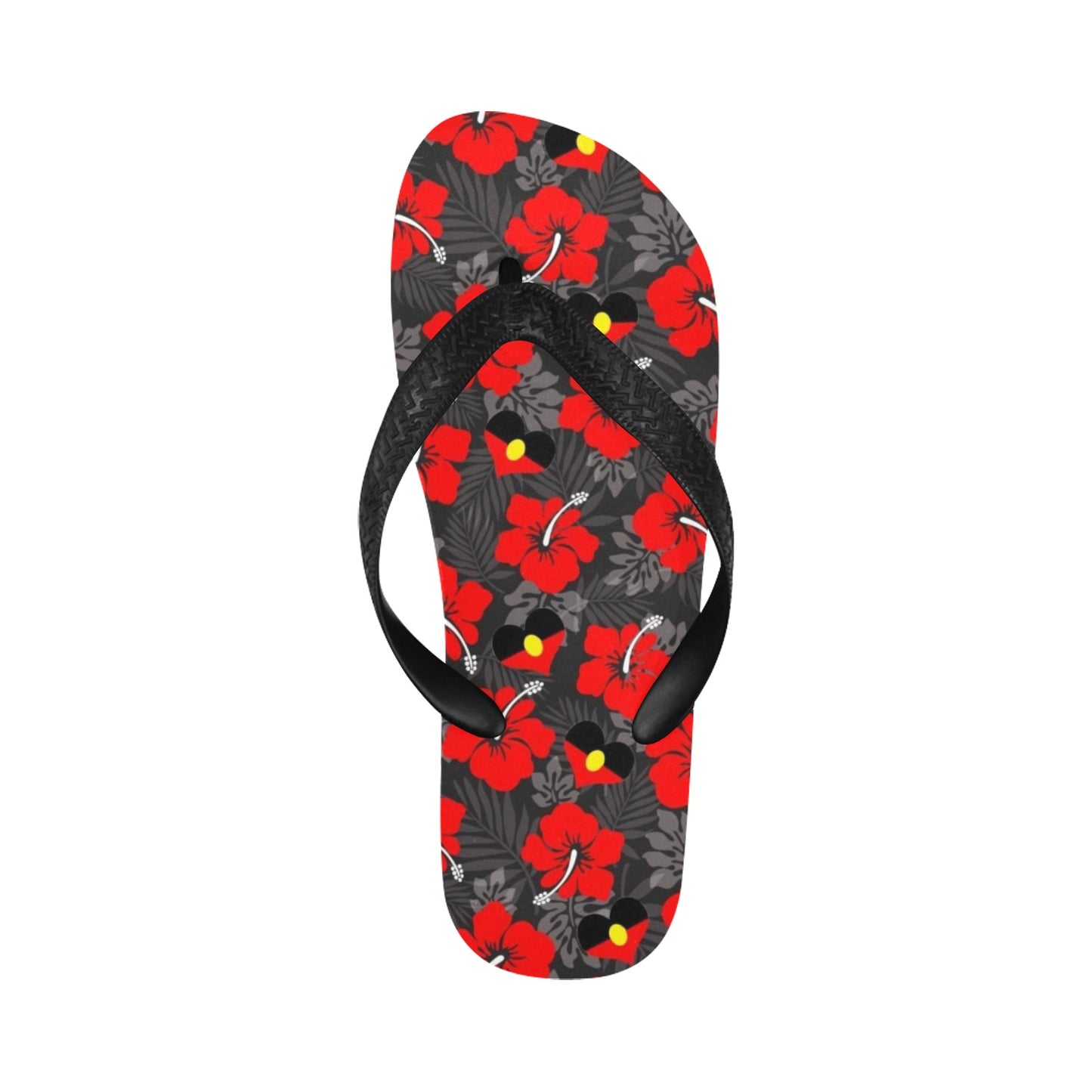 Royal Red Hibiscus and heart shaped Aboriginal flag on Flip Flops (For both Men and Women)