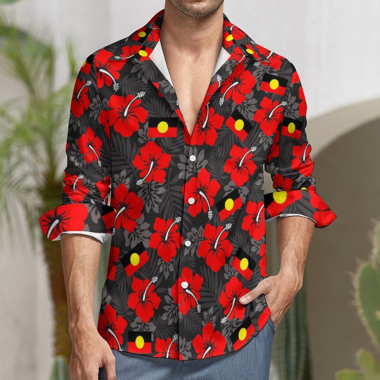 Hibiscus flowers with Aboriginal Flag on Men's Long Sleeve Shirt
