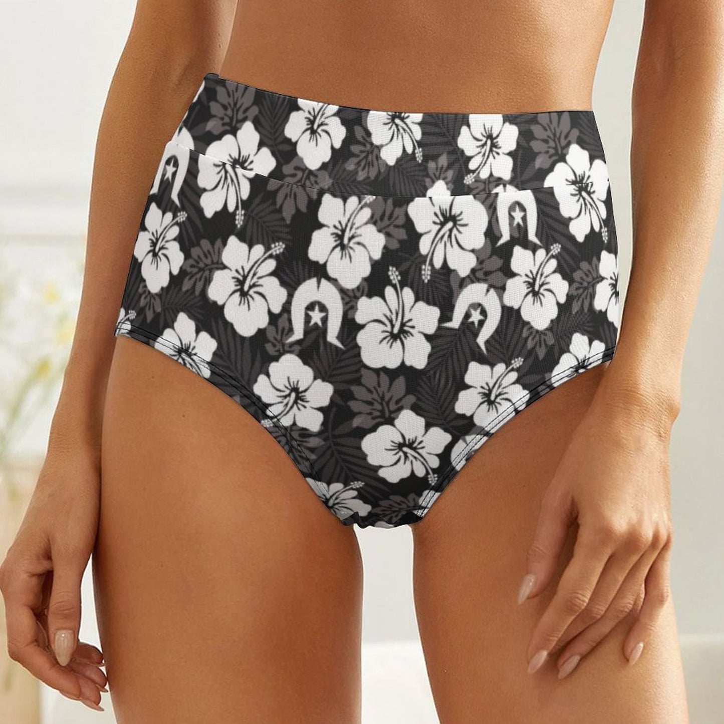 White Hibiscus and Dhari (Black) on Women's High-Rise Panties
