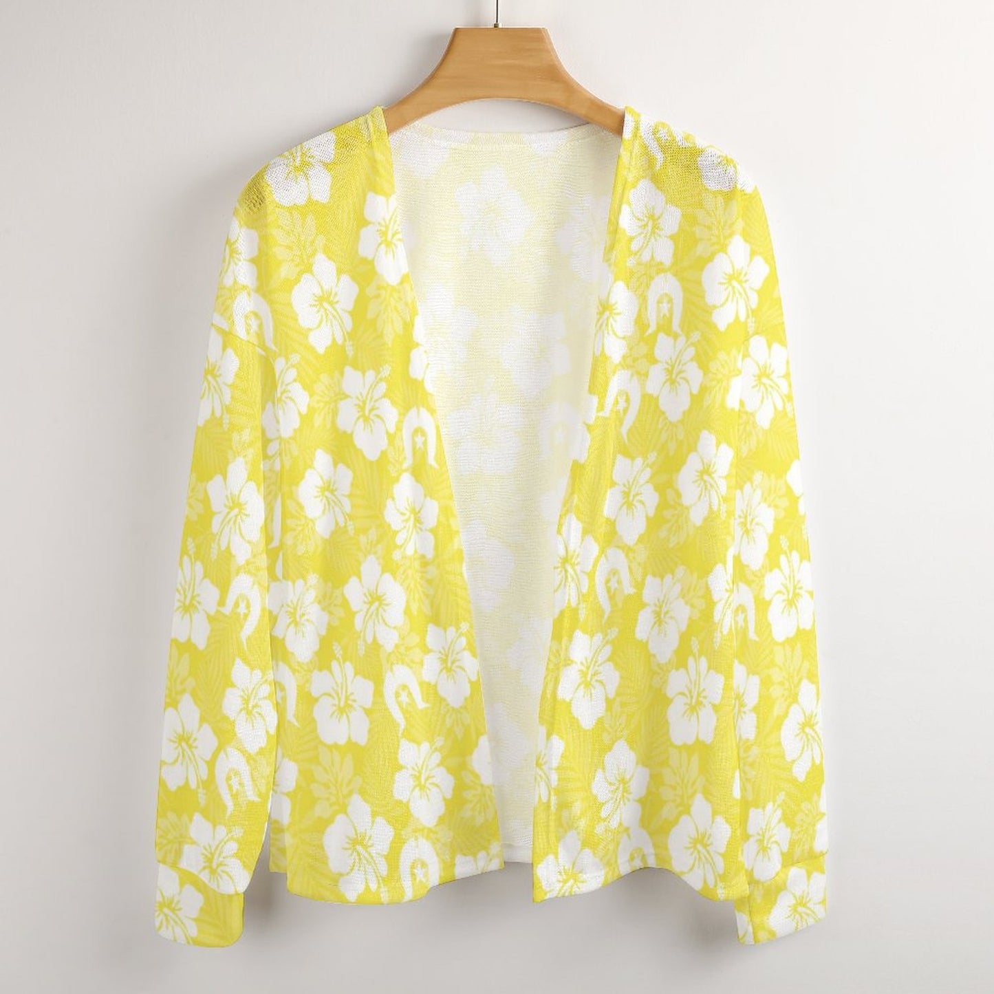 White Hibiscus flowers with Dhari (Yellow) on Long Sleeve Drop Shoulder Open Shirt
