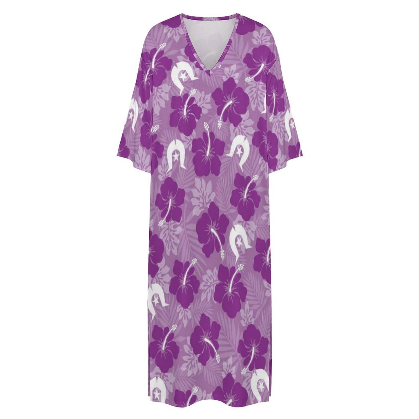 Hibiscus flowers with Dhari (Royal purple) on Mediterranean Style V Neck Mid-Sleeve Robe