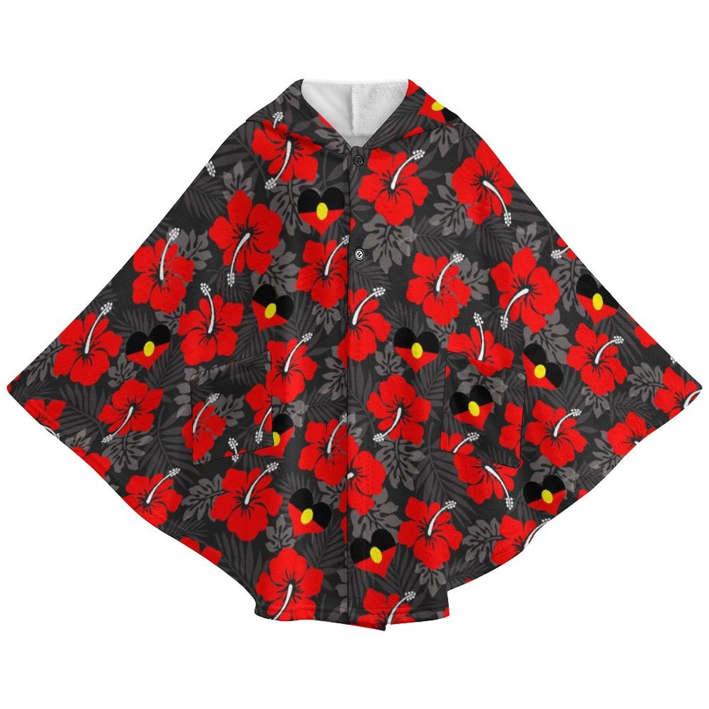 Royal Red Hibiscus and heart shaped Aboriginal flag on Fleece Hooded Cape for Adults