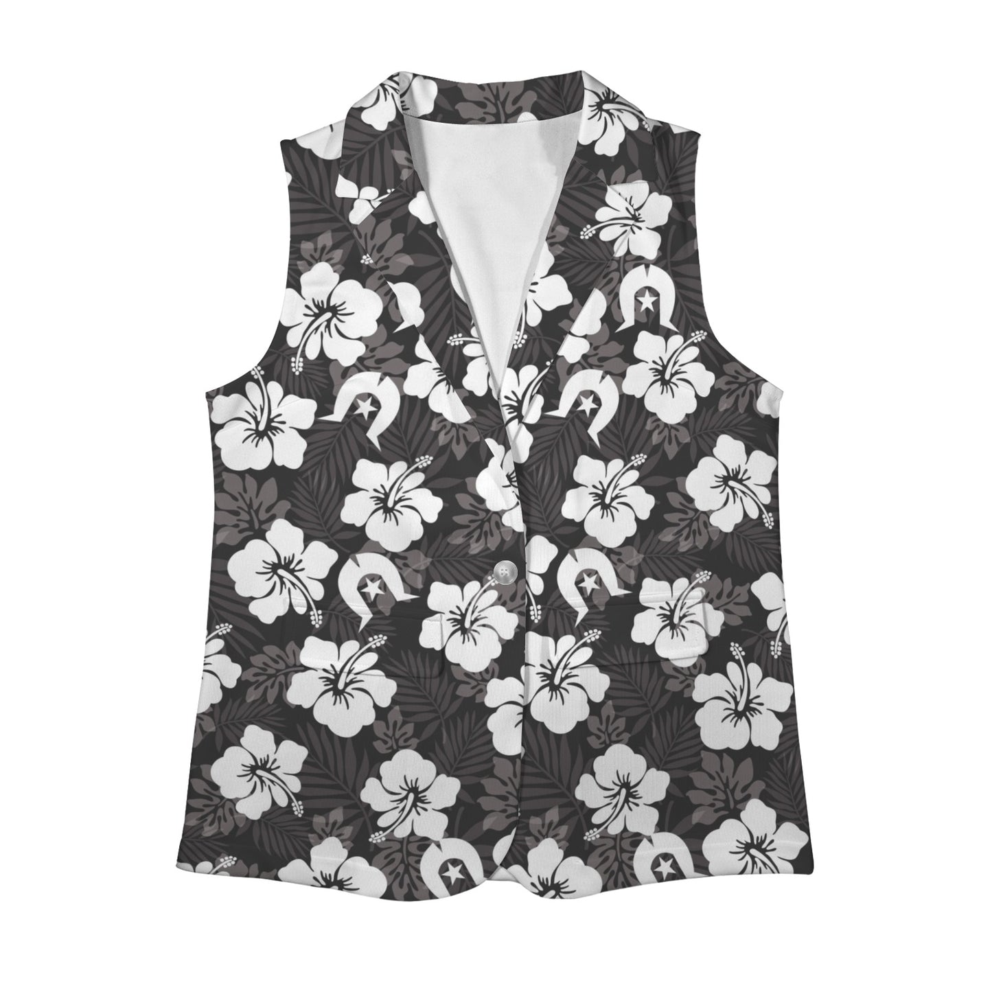 White Hibiscus and Dhari (Black) on Women Sleeveless Suit Vest