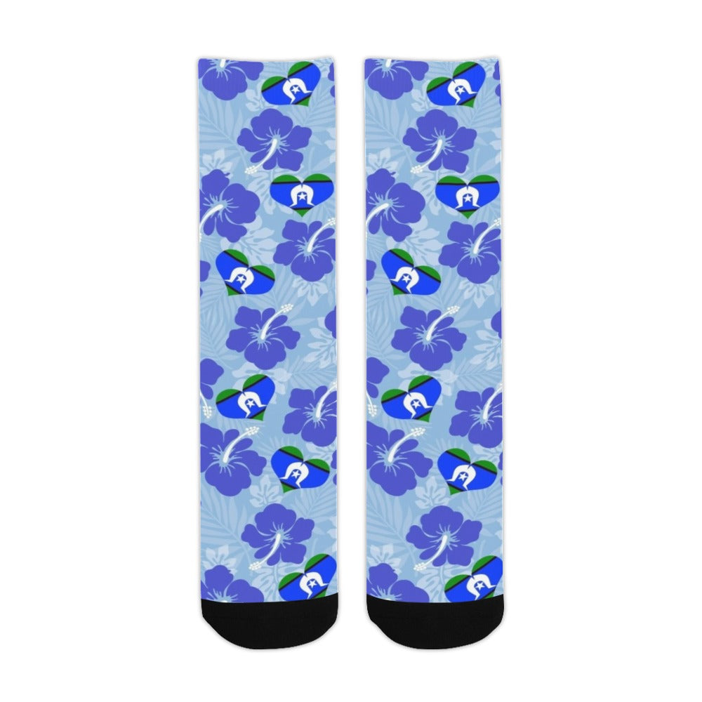 Hibiscus flowers with Torres Strait Flag (Sky Blue) on Crew Socks (Made In AUS)